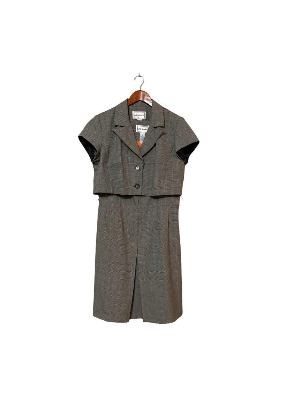 Plaid Gray Womens Two-Piece Skirt Suit With Short Sleeve Blazer Size 14‎